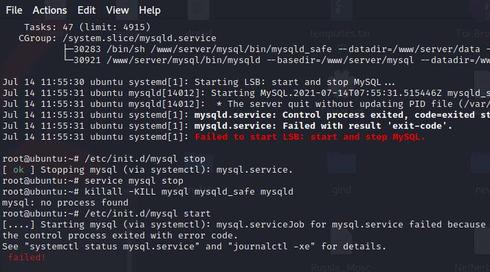 Ошибка запуска Job for mysql.service failed